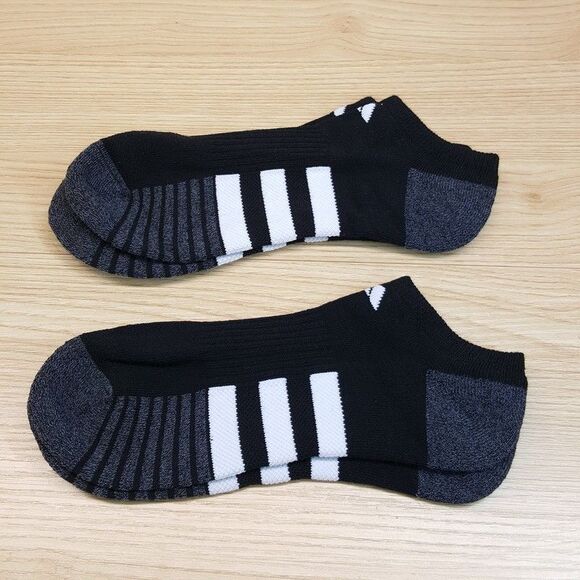 ADIDAS Low Cut Ankle Socks Mens Black Stripe 2-Pack Cushioned Arch Support Logo - Picture 2 of 3